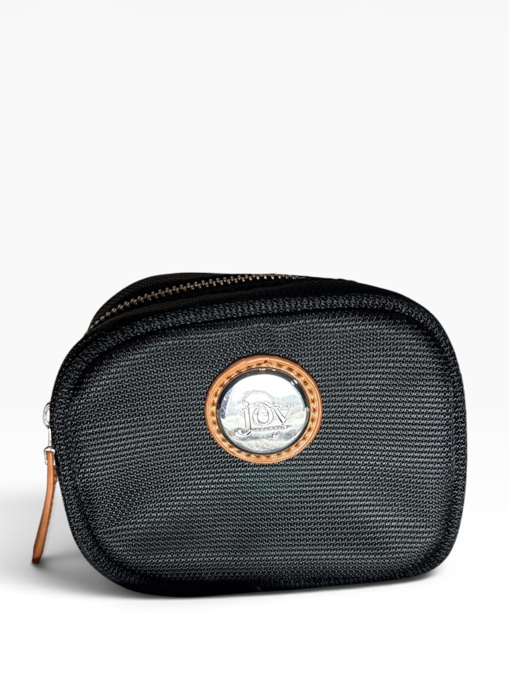 Joy Mangano black nylon travel pouch with logo